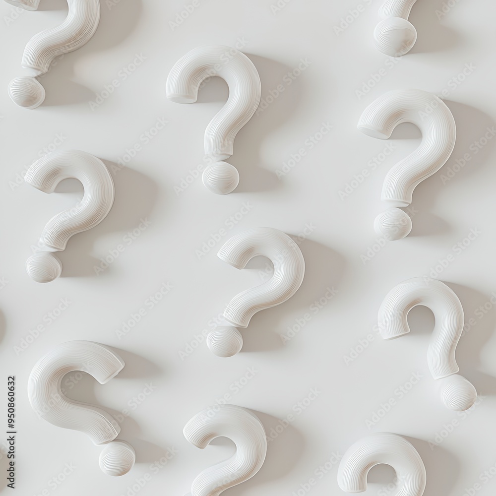 White question marks on a white background symbolize the hidden uncertainty and the need to find answers White question marks on a white background symbolize the hidden uncertainty and the need to find answers