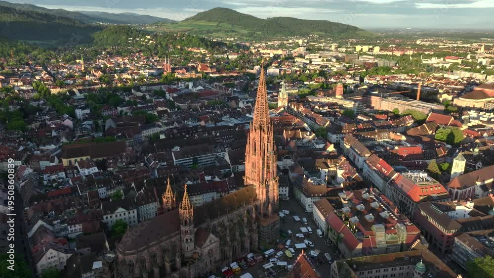 Freiburg im Breisgau, Germany at Sunrise. Aerial Drone Shot on Freiburger Dom Cathedral. 4k Drohne Footage