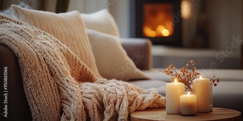 A cozy living room interior, warm fireplace with flickering flames, comfortable sofa with plush cushions and knitted blanket, candles on rustic wooden table, dried bouquet of flowers, inviting ambianc photo