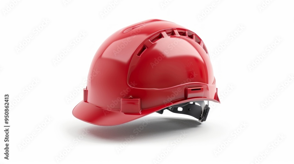 Bright red hard hat for safety and protection on construction sites. This durable helmet is ideal for workers in various industries. Reliable and sturdy gear. AI