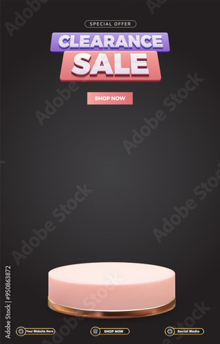 clearance sale discount portait template banner with blank space 3d podium for social media post product sale with abstract gradient black background design 29