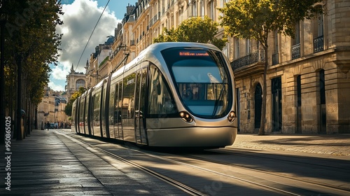 Parked tram at Bordeaux, France on a spring day