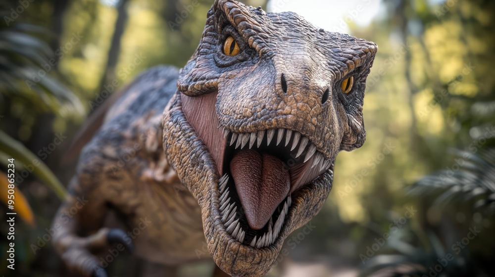 Obraz premium A close-up shot of a dinosaur with its mouth open, showing its sharp teeth and a long tongue. The dinosaur is in a forest setting, with green foliage visible behind it.