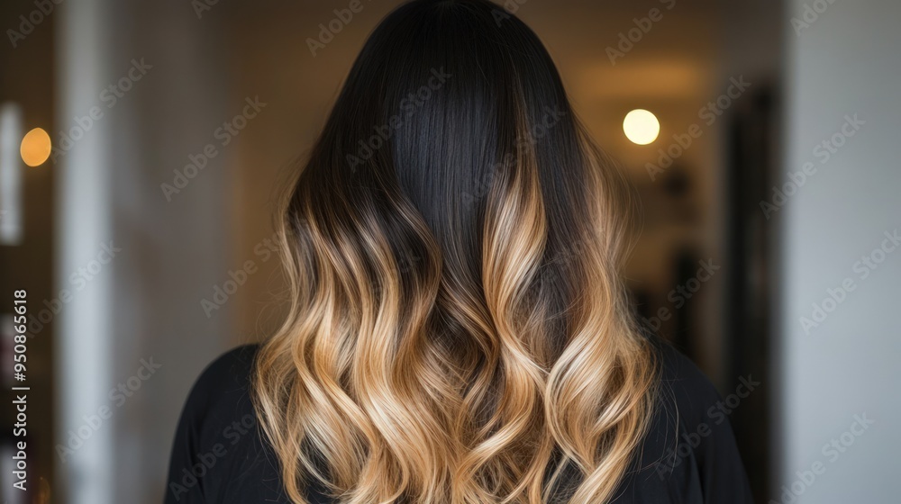 Woman with long, wavy ombre hair from the back. Woman with long, wavy ombre hair from the back.