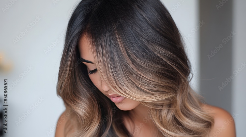 Woman with long, wavy ombre hair looking down. Woman with long, wavy ombre hair looking down.