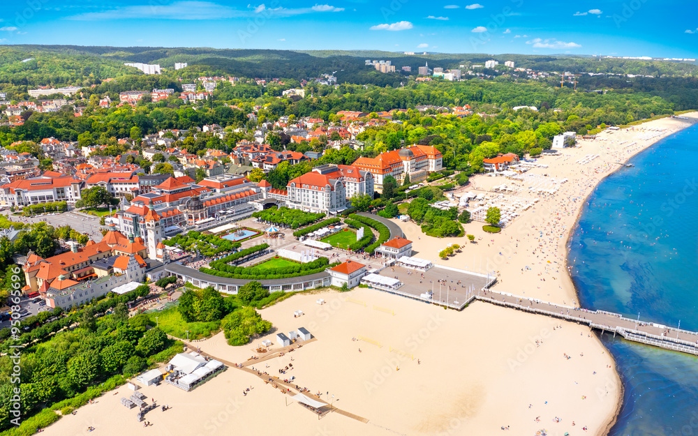Fototapeta premium Sunny landscape of the resort town of Sopot and Molo - pier on the Baltic Sea. Poland