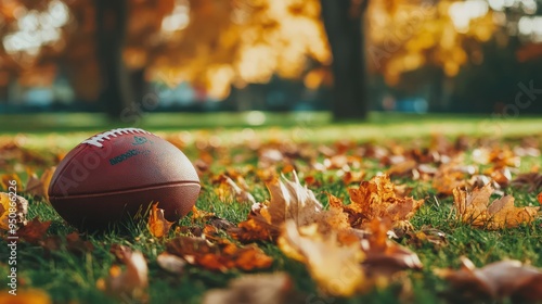 A brown football sits on a grassy field with fall leaves.