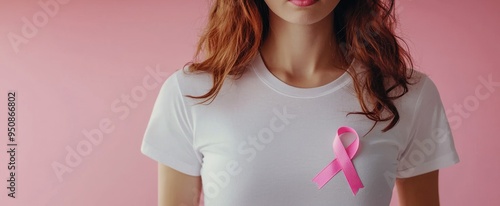 Pink Ribbon Held in Hand Against Wooden Background photo