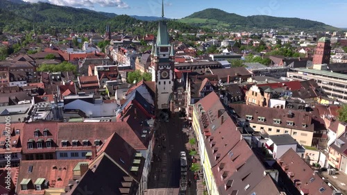 Freiburg im Breisgau, Germany at Sunrise. Aerial Drone Shot on Freiburger Dom Cathedral. 4k Drohne Footage photo