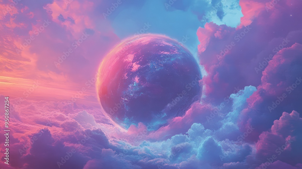 Obraz premium A vibrant pink and blue planet floats amidst fluffy clouds in a surreal dreamscape.