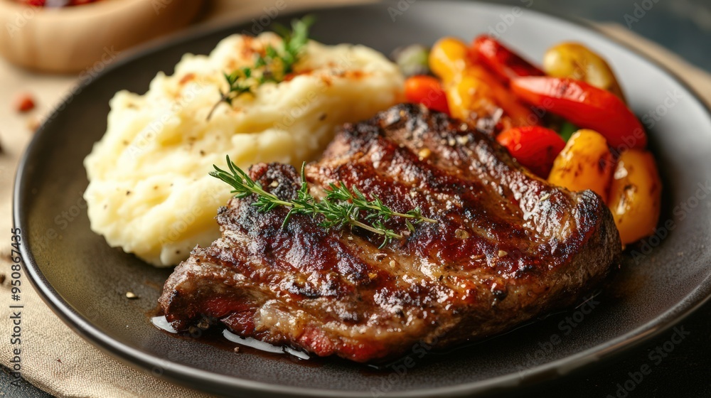 A grilled steak with mashed potatoes and roasted peppers on a black plate. A grilled steak with mashed potatoes and roasted peppers on a black plate.