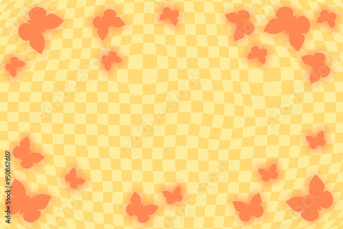 Orange retro psychedelic checkerboard pattern with butterflies. Groovy funky background. Stock vector illustration background in flat old school style.