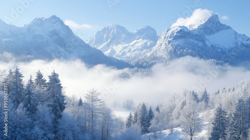 Wallpaper Mural Snow-capped mountain peaks rise above a misty forest in a winter wonderland. Torontodigital.ca
