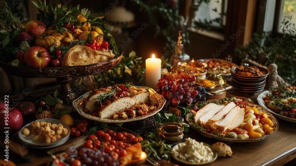 A rustic table is laden with an abundance of food, including roasted chicken, bread, fruit, and cheese. There is a lit candle in the center of the table. A rustic table is laden with an abundance of food, including roasted chicken, bread, fruit, and cheese. There is a lit candle in the center of the table.