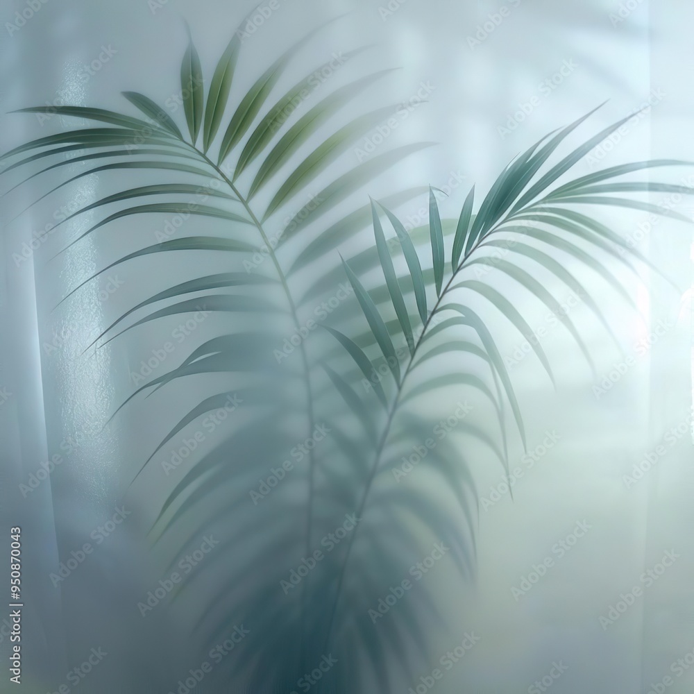Fototapeta premium Green palm with reeded glass. Summer concept with blurred luxury wall. Plant leaves. Premium spa-inspired texture for zen aesthetic behind frosted panel. Ribbed Background. White Reeded Glass.