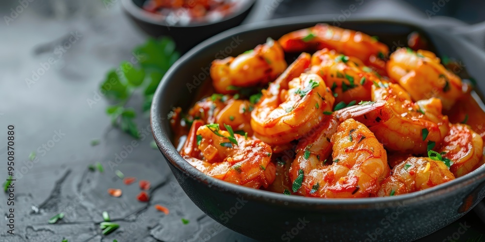 Cuban Shrimp Creole Dish on Gray Background Side View Cuban Shrimp Creole Dish on Gray Background Side View