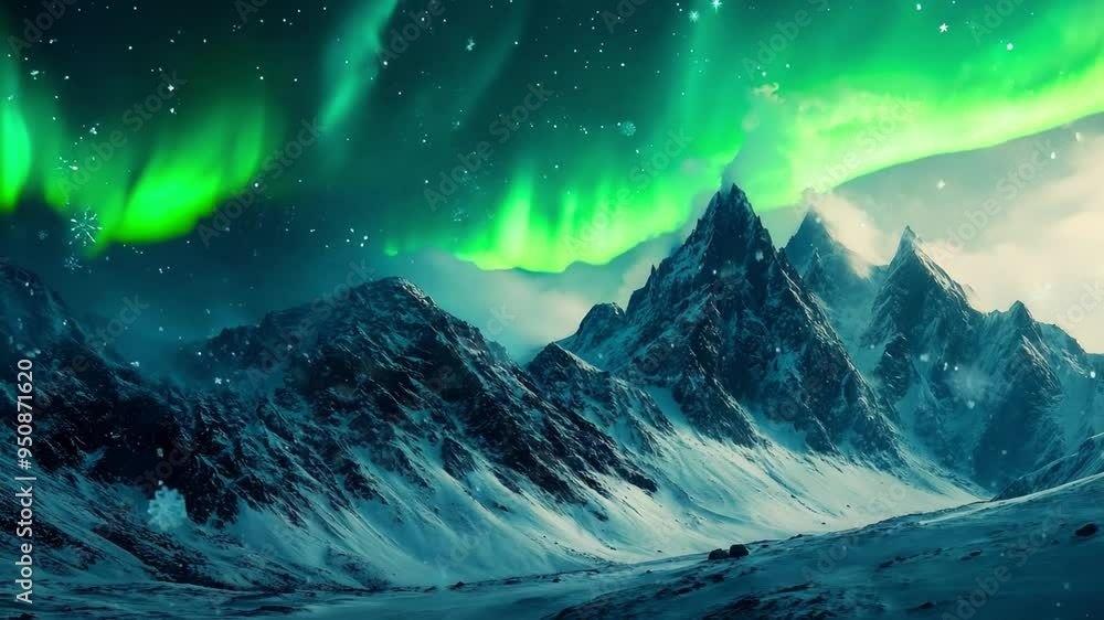 Snowy peaks rise majestically beneath a vibrant display of northern lights, casting colorful reflections across the tranquil wilderness at night. Snowy peaks rise majestically beneath a vibrant display of northern lights, casting colorful reflections across the tranquil wilderness at night.