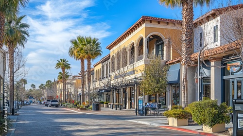 Temecula, California - March 24, 2024: Commercial building on 5th Street, with the Old Town Creek Walk on the right