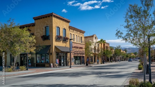 Temecula, California - March 24, 2024: Commercial building on 5th Street, with the Old Town Creek Walk on the right