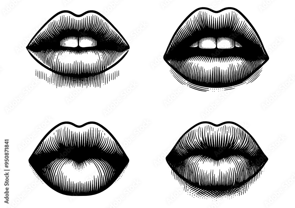 Set of sensual female woman full lips sketch engraving generative ai fictional character PNG illustration. Scratch board imitation. Black and white image. Set of sensual female woman full lips sketch engraving generative ai fictional character PNG illustration. Scratch board imitation. Black and white image.