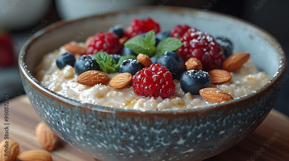 Bowl of oatmeal topped with almonds, berries, and honey, healthy brain-boosting breakfast, comforting meal Bowl of oatmeal topped with almonds, berries, and honey, healthy brain-boosting breakfast, comforting meal