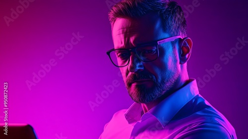 Digital Marketing Expert in Glasses Strategically Planning on Laptop, Advanced Marketing Suite, Room for Conceptual Additions