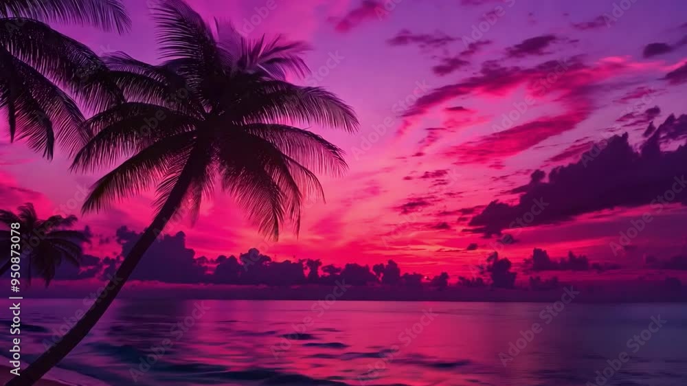 The sun sets over the tranquil ocean, painting the sky in shades of purple and pink. Silhouettes of palm trees frame the vibrant view, creating a peaceful tropical atmosphere. The sun sets over the tranquil ocean, painting the sky in shades of purple and pink. Silhouettes of palm trees frame the vibrant view, creating a peaceful tropical atmosphere.