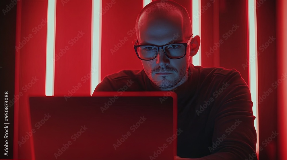 Digital Marketer in Glasses: Strategic Laptop Work, Modern Marketing Suite, Conceptual Space for Creative Elements Digital Marketer in Glasses: Strategic Laptop Work, Modern Marketing Suite, Conceptual Space for Creative Elements