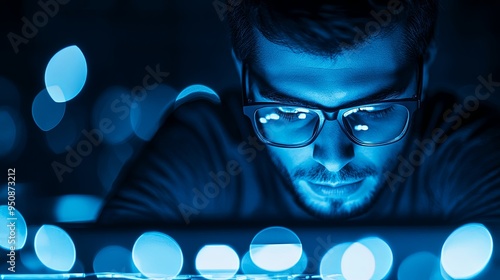 Digital Marketer in Glasses: Strategic Laptop Work, Modern Marketing Suite, Conceptual Space for Creative Elements photo