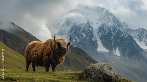 A yak stands on a grassy hillside with a snow-capped mountain in the background.