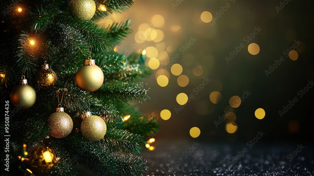 A close-up of a decorated Christmas tree with gold ornaments and string lights, with a blurry background of bokeh lights. A close-up of a decorated Christmas tree with gold ornaments and string lights, with a blurry background of bokeh lights.
