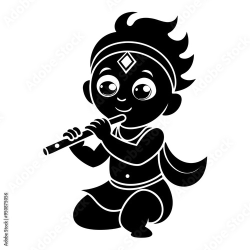 little baby Krishna playing flute. Cartoon character Hindu god Lord Krishna isolated