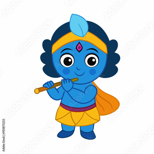 little baby Krishna playing flute. Cartoon character Hindu god Lord Krishna isolated