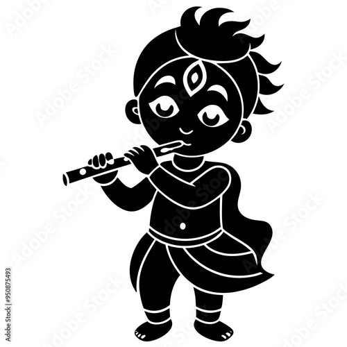 little baby Krishna playing flute. Cartoon character Hindu god Lord Krishna isolated