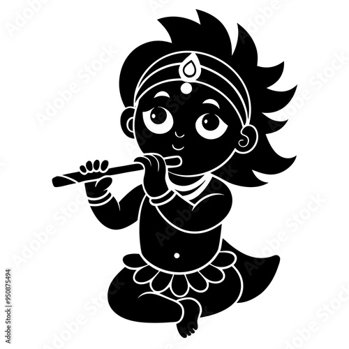 little baby Krishna playing flute. Cartoon character Hindu god Lord Krishna isolated