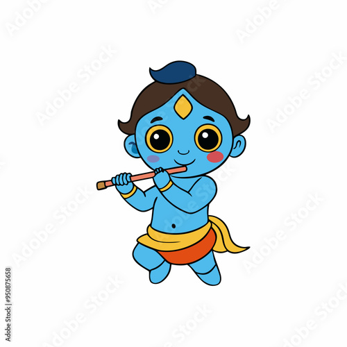 little baby Krishna playing flute. Cartoon character Hindu god Lord Krishna isolated