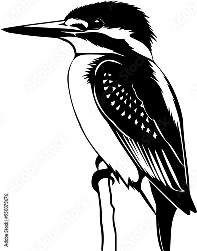 흑백의 새 일러스트 이미지로 세밀한 깃털과 날개 묘사