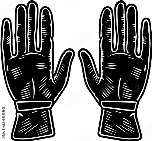 보호 장갑의 흑백 일러스트로 세밀한 질감과 형태 표현