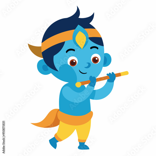 little baby Krishna playing flute. Cartoon character Hindu god Lord Krishna isolated