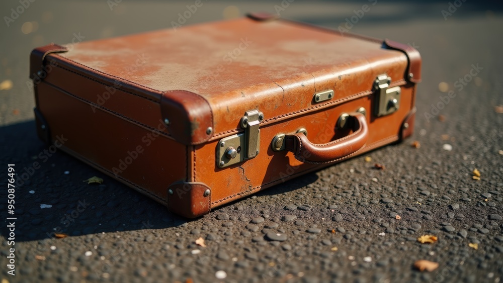 Detailed View of an Old, Cracked Leather Suitcase Resting on Asphalt Detailed View of an Old, Cracked Leather Suitcase Resting on Asphalt