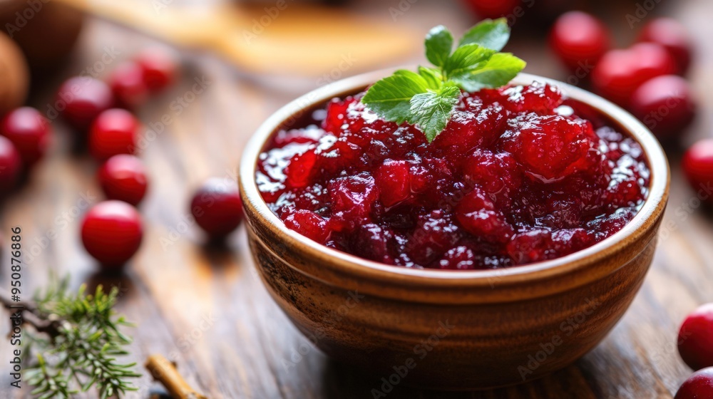 Bowl of cranberry sauce with fresh cranberries and mint garnish on a rustic wooden table. Bowl of cranberry sauce with fresh cranberries and mint garnish on a rustic wooden table.