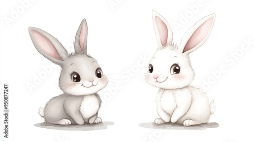 Two adorable cartoon bunnies, one grey and one white, sitting and looking at each other.