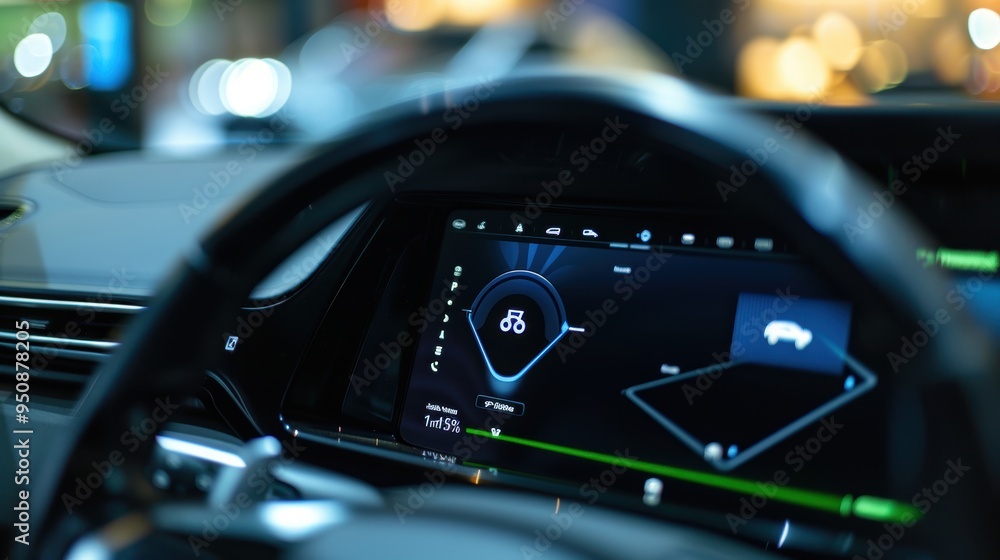 Modern car showing battery status on dashboard navigation system screen Modern car showing battery status on dashboard navigation system screen