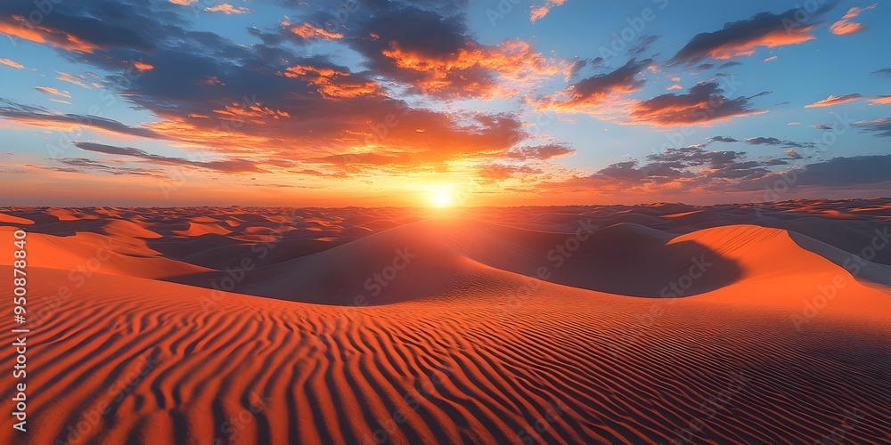 A stunning sunset over a vast desert landscape. The golden hour casts a warm glow on the rolling sand dunes, creating a breathtaking scene. A stunning sunset over a vast desert landscape. The golden hour casts a warm glow on the rolling sand dunes, creating a breathtaking scene.