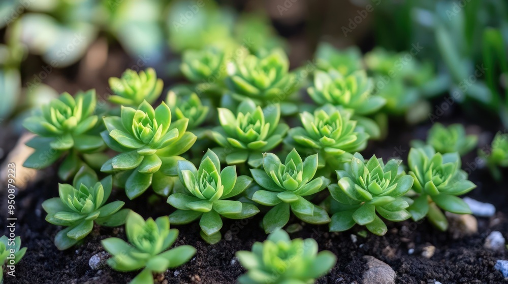 A cluster of vibrant green succulents growing in rich brown soil. A cluster of vibrant green succulents growing in rich brown soil.