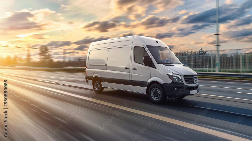 White modern delivery small shipment cargo courier van moving fast on motorway road to city White modern delivery small shipment cargo courier van moving fast on motorway road to city