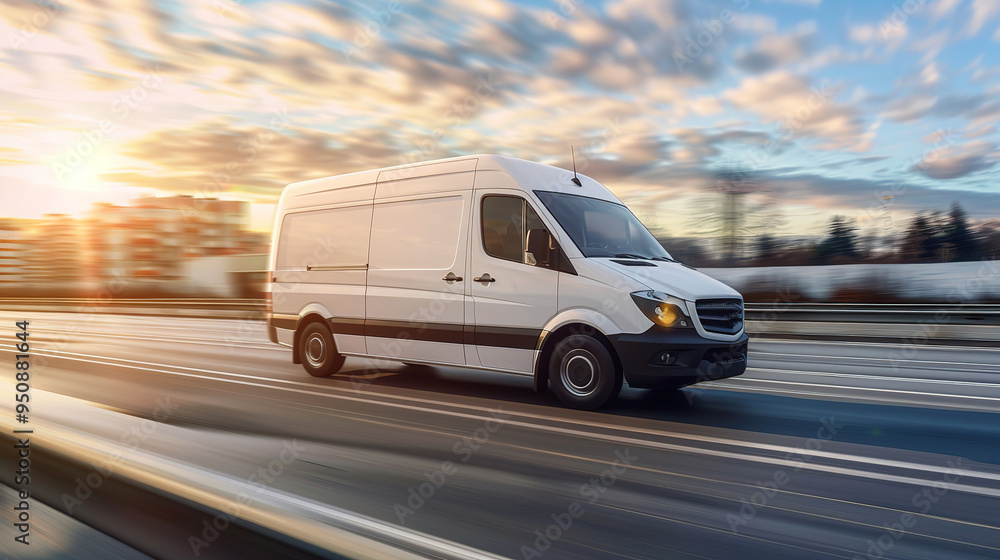 White modern delivery small shipment cargo courier van moving fast on motorway road to city White modern delivery small shipment cargo courier van moving fast on motorway road to city
