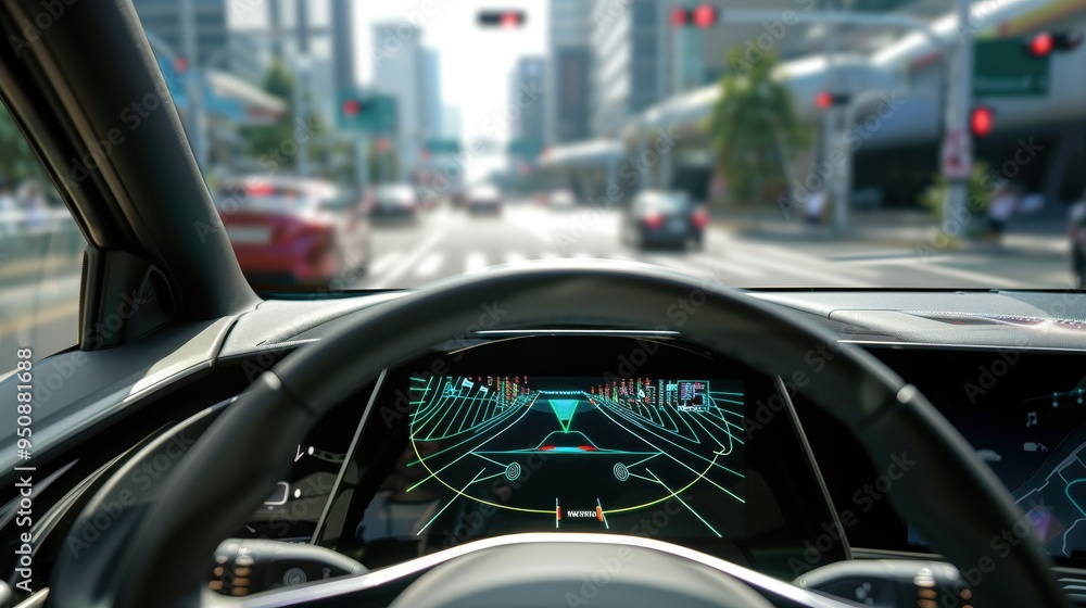 Modern car showing graphical interface with road and traffic ...