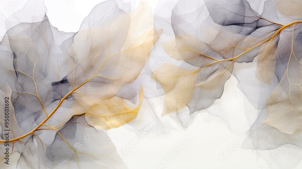 Fototapeta premium Chinese style ink painting of maple leaf with gold lines