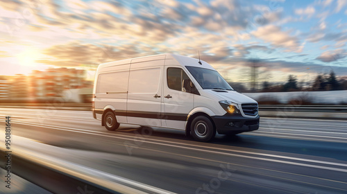 Fototapeta Naklejka Na Ścianę i Meble -  White modern delivery small shipment cargo courier van moving fast on motorway road to city